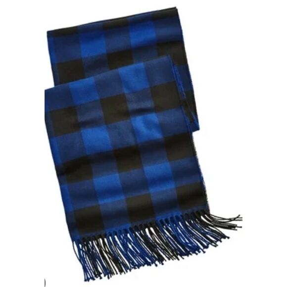 J.Crew Royal Blue Black Buffalo Plaid Acrylic Shawl Scarf 24” x 80" NWT - Picture 2 of 2